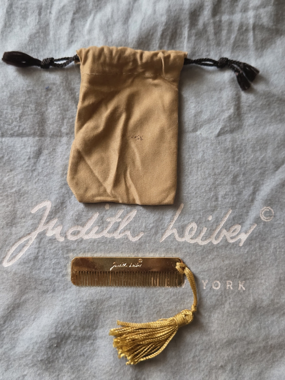 Judith Leiber Vintage Gold Tone Compact Comb with Tassel And Pouch Made In Italy